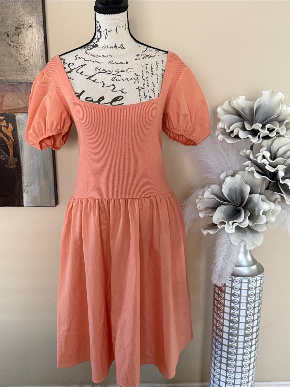 Square-Neck Puff Sleeve Midi Dress in Coral Peach